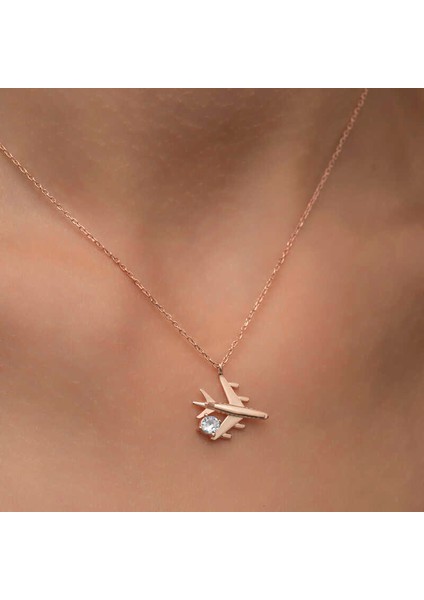 Gümüş Rose Tek Taşlı Uçak Kadın Kolye indirimleri