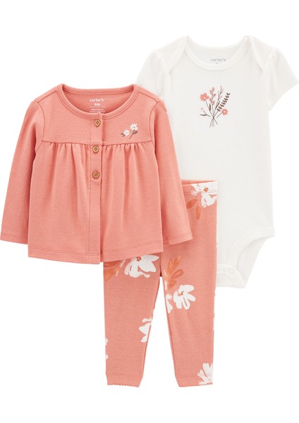 Kız Bebek 3'lü Hırkalı Set Pembe