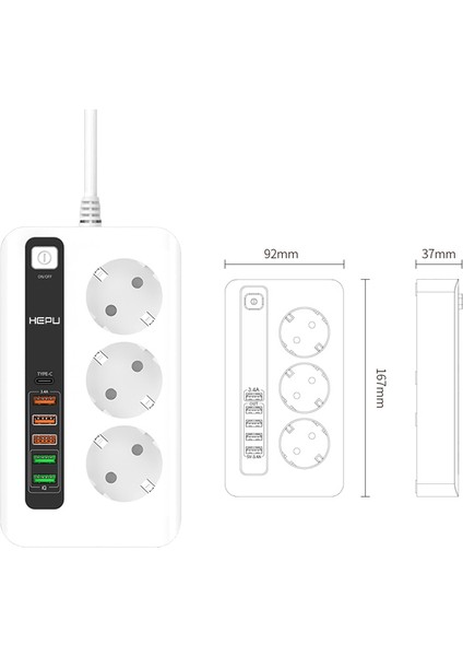 HP-H03 6x USB 3'lü 2 mt Kablolu Akım Korumalı Priz 10A-3000W