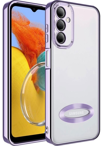 Samsung Galaxy M14 Kapak Yanları Renkli Lens Korumalı Logo Gösteren Şeffaf Luxury Silikon Kılıf - Lila