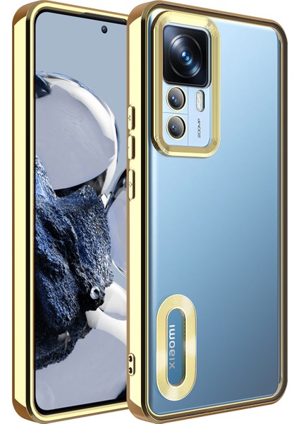 Case World Xiaomi Mi 12T Kapak Yanları Renkli Lens Korumalı Logo Gösteren Şeffaf Luxury Silikon Kılıf - Gold