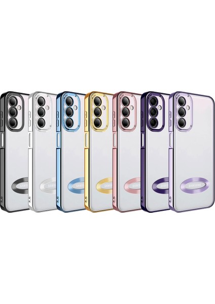 Samsung Galaxy M14 Kapak Yanları Renkli Lens Korumalı Logo Gösteren Şeffaf Luxury Silikon Kılıf - Mor