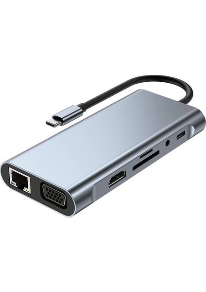 Macbook Pro Air Type C Hub Pd Şarj HDMI Sd Network VGA Girişli 11 In 1 Çevirici Dönüştürücü Çoklayıcı
