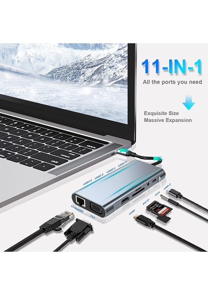 Macbook Pro Air Type C Hub Pd Şarj HDMI Sd Network VGA Girişli 11 In 1 Çevirici Dönüştürücü Çoklayıcı