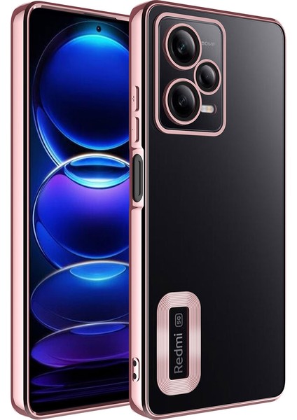 Xiaomi Redmi Note 12 5g Kapak Yanları Renkli Lens Korumalı Logo Gösteren Şeffaf Luxury Silikon Kılıf - Rose Gold