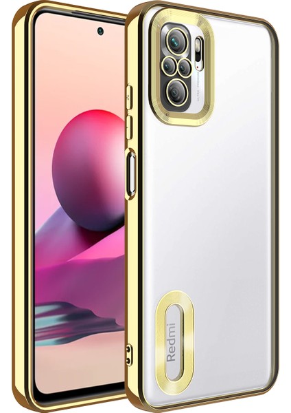 Xiaomi Redmi Note 10S Kapak Yanları Renkli Lens Korumalı Logo Gösteren Şeffaf Luxury Silikon Kılıf - Gold