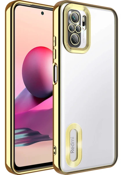 Kzy Xiaomi Redmi Note 10S Kapak Yanları Renkli Lens Korumalı Logo Gösteren Şeffaf Luxury Silikon Kılıf - Gold