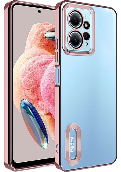 Xiaomi Redmi Note 12 4g Kapak Yanları Renkli Lens Korumalı Logo Gösteren Şeffaf Luxury Silikon Kılıf - Rose Gold