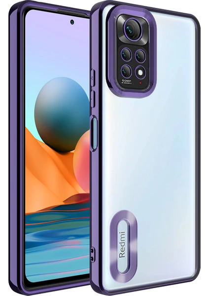 Xiaomi Redmi Note 11S Kapak Yanları Renkli Lens Korumalı Logo Gösteren Şeffaf Luxury Silikon Kılıf - Mor