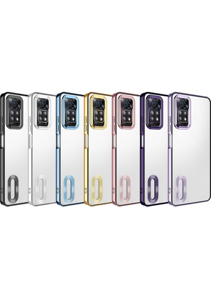 Xiaomi Redmi Note 11 Kapak Yanları Renkli Lens Korumalı Logo Gösteren Şeffaf Luxury Silikon Kılıf - Gri