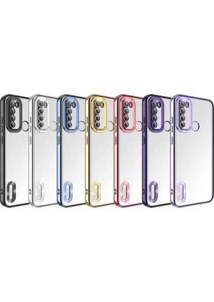Xiaomi Redmi Note 8 Kapak Yanları Renkli Lens Korumalı Logo Gösteren Şeffaf Luxury Silikon Kılıf - Mor indirimleri