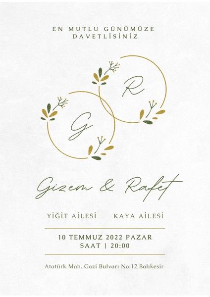 Zarif Minimalist Düğün Nişan Söz Nikah Davetiye