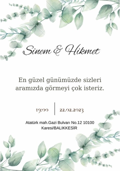 Yeşil Yapraklı Minimalist Düğün Nişan Söz Nikah Davetiye