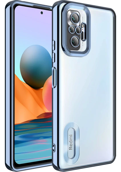 Case World Xiaomi Redmi Note 10 Pro Kapak Yanları Renkli Lens Korumalı Logo Gösteren Şeffaf Luxury Silikon Kılıf - Mavi