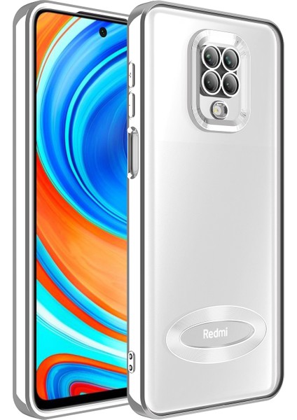 Xiaomi Redmi Note 9 Pro Kapak Yanları Renkli Lens Korumalı Logo Gösteren Şeffaf Luxury Silikon Kılıf - Gümüş