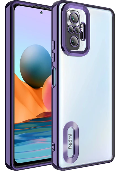 Case World Xiaomi Redmi Note 10 Pro Kapak Yanları Renkli Lens Korumalı Logo Gösteren Şeffaf Luxury Silikon Kılıf - Mor