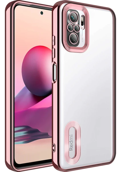 Case World Xiaomi Redmi Note 10 Kapak Yanları Renkli Lens Korumalı Logo Gösteren Şeffaf Luxury Silikon Kılıf - Rose Gold