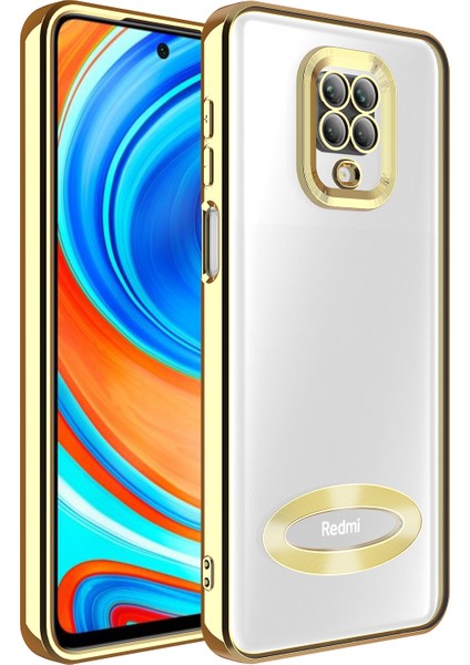 Xiaomi Redmi Note 9 Pro Kapak Yanları Renkli Lens Korumalı Logo Gösteren Şeffaf Luxury Silikon Kılıf - Gold