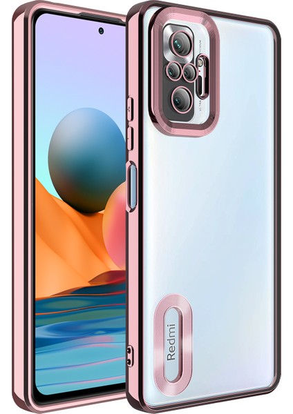 Xiaomi Redmi Note 10 Pro Kapak Yanları Renkli Lens Korumalı Logo Gösteren Şeffaf Luxury Silikon Kılıf - Rose Gold