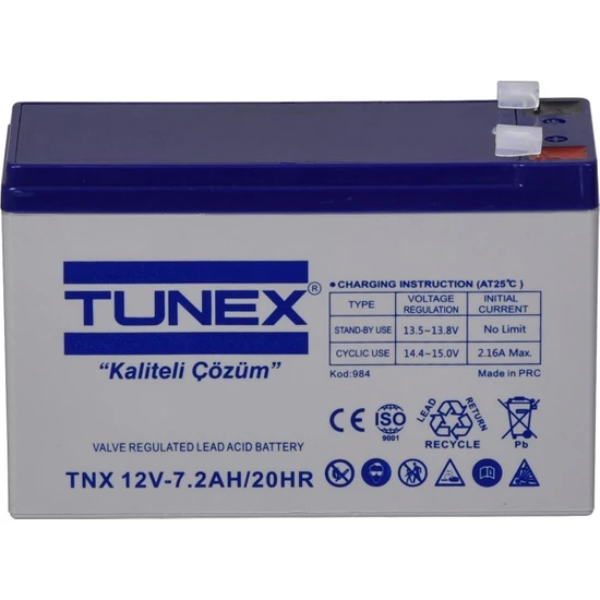 Tunex 12V 7,2A 1,95 kg Kuru Bakımsız Akü (151*65*94*100 Mm) TNX-12V7,2A