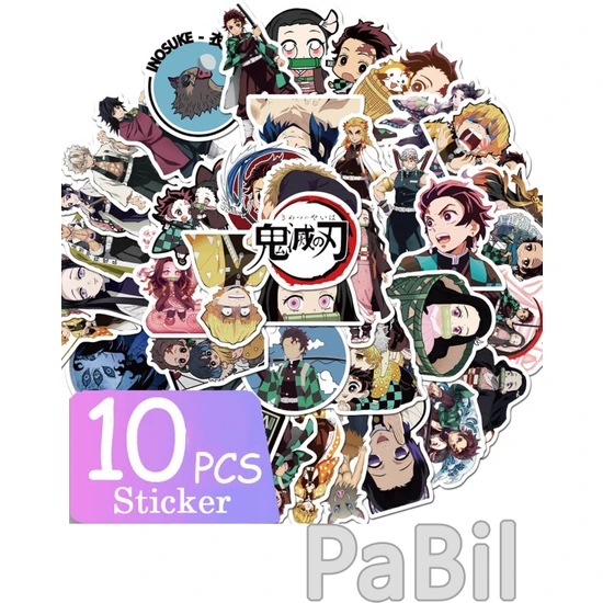 Pabil Kimetsu No Yaiba - Demon Slayer Anime Manga Figürleri Sticker - Çıkartma - Etiket - 10 Adet