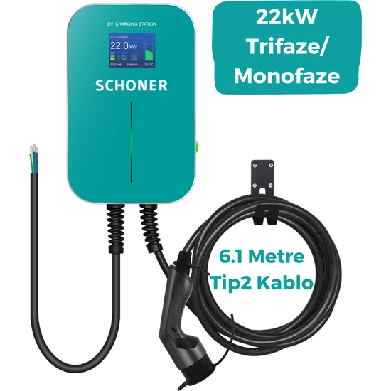 SCHONER 22KW Elektrikli Araç Şarj İstasyonu 6.1 Metre Tip2 Kablolu Trifaze/monofaze