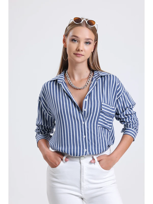 Miami Blue Kadın Çizgili Cep Detaylı Manşet Kol Gömlek