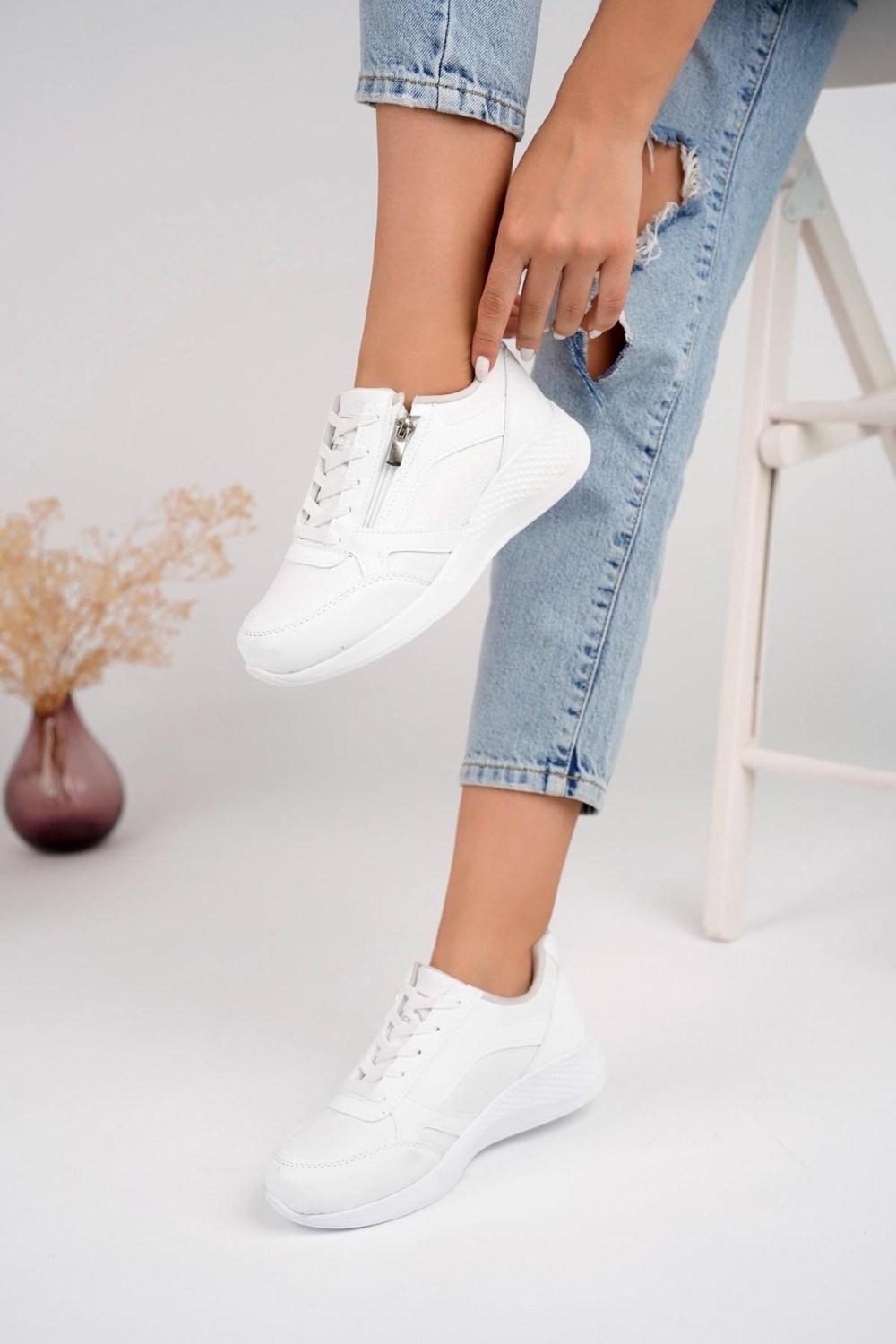 Muggo Asel Garantili Kadın Ortopedik Günlük Bağcıklı Yandan Fermuarlı Rahat Sneaker Spor Ayakkabı görsel 2