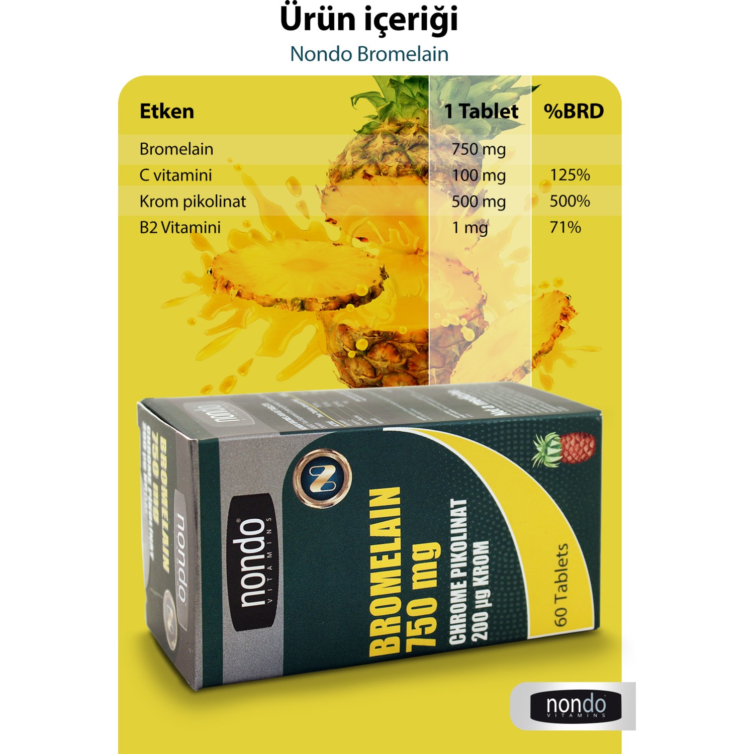 Nondo Bromelain 750 mg & Krom Pikolinat 60 Tablet Fiyatı