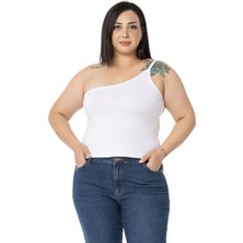 Disentis Modest Büyük Beden Tek Omuz Dekolteli Viskon Beyaz Body