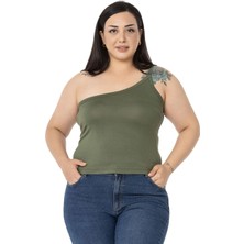 Disentis Modest Büyük Beden Tek Omuz Dekolteli Viskon Haki Body