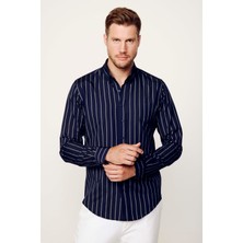 Tudors Slim Fit Pamuklu Kolay Ütü Çizgili Lacivert Erkek Gömlek