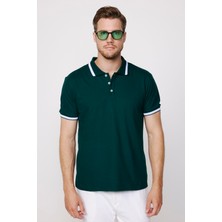 Tudors Erkek Polo Yaka Slim Fit Yaka ve Kol Şeritli Yeşil Pike Tişört