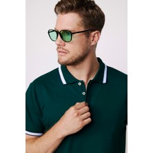 Tudors Erkek Polo Yaka Slim Fit Yaka ve Kol Şeritli Yeşil Pike Tişört