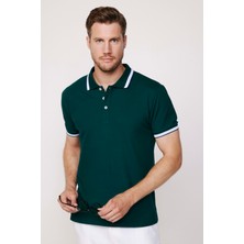 Tudors Erkek Polo Yaka Slim Fit Yaka ve Kol Şeritli Yeşil Pike Tişört