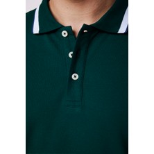 Tudors Erkek Polo Yaka Slim Fit Yaka ve Kol Şeritli Yeşil Pike Tişört
