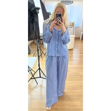 Modaonna Mavi Çizgili Poplin Gömlek Pantolon Takım