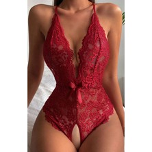 Fancy&Dancy Kadın Bacak Arası Açık Dantel Tül Babydoll - Çapraz Askı Detaylı Şık Gecelik - Tek Parça İç Çamaşırı Bodysuit 7300