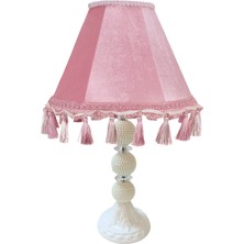 dekovien Pembe Kadife Vintage Abajur Incili Metal Ayak AB07499