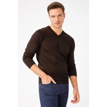 Desen Triko Erkek Basic V Yaka Ince Triko Kazak Koyu Kahve