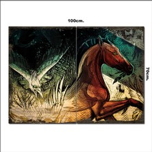 Bedeko Ahşap Tablo At ve Yırtıcı Kuş Desenli 70*100CM