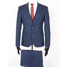 Jan Carlucci Slim Fit Sivri Yaka-Çift Yırtmaç Lacivert Kareli  Drop 6 Yelekli Takım Elbise