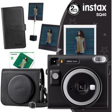 Instax SQ40 Siyah Fotoğraf Makinesi 10'lu Kare Film Deri Kılıf Albüm Pleksi Çerçeve ve Kıskaçlı Stand