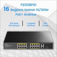 Cudy FS1018PS1 16 Port 10/100MBPS 200W Poe+,2 Gigabit Uplink Portlu, Sfp Vlan Cctv Sfp Switch