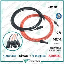 Yakens Enerji Güneş Paneli Uzatma Kablosu (4m+4m) 4 mm Çift Taraflı Mc4 Soketli Solar Ara Kablo Siyah Kırmızı