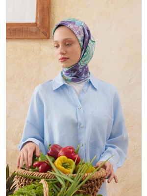 Fresh Scarfs Rose Bouquet Desen Pamuk Ipek Eşarp Lavanta