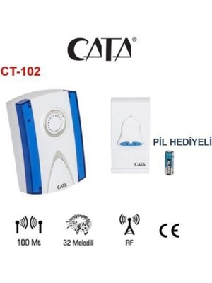 Cata CT-102 Kablosuz Kapı Zili Uzaktan Kumandalı 100 Mt Menzilli 32 Melodi Özellikli