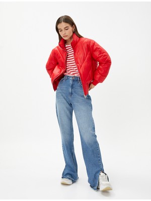 Koton Şişme Mont Dik Yaka Fermuarlı Parlak Dokulu