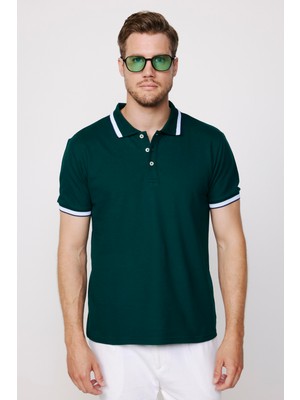 Tudors Erkek Polo Yaka Slim Fit Yaka ve Kol Şeritli Yeşil Pike Tişört