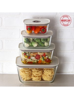 Neoflam Fika Clik Hava Geçirmez Dikdörtgen Cam Saklama Kabı Seti - 470 ml, 800 ml, 1380 ml, 2600 ml - Mikrodalgada Kullanıma Uygun